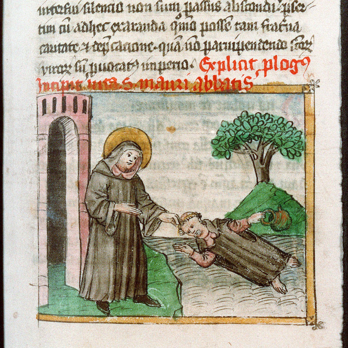 Maur pulling Placid from the lake (from the Life of Benedict in Pope Gregory I, Dialogues, book 2). From Sankt Florian III,8 (microfilm 2235)